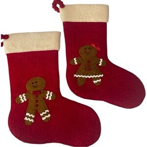 Gingerbread Boy and Girl Red Christmas Stocking Hand Felted Wool Arcadia Home